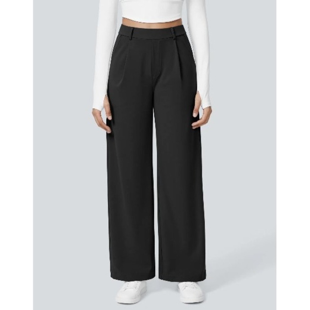 Halara Women Black Wide Leg High Waisted Trousers Pockets XL Regular 02774038